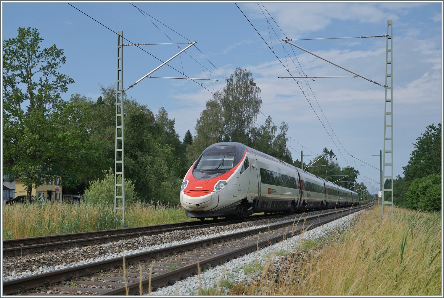 Ein SBB RABe 503 ist kurz vor Hergatz auf der Fahrt von Zürich nach München. 

19. Juni 2023