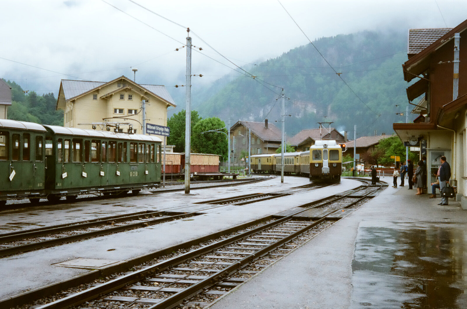 Ein Zug der Berner Oberland Bahnen (BOB) mit Motorwagen ABeh 4/4 I 305 erreicht soeben den Bahnhof Wilderswil (1983). Neben dem Zug der BOB befinden sich Vorstellwagen der Schynige Platte Bahn (SPB).  