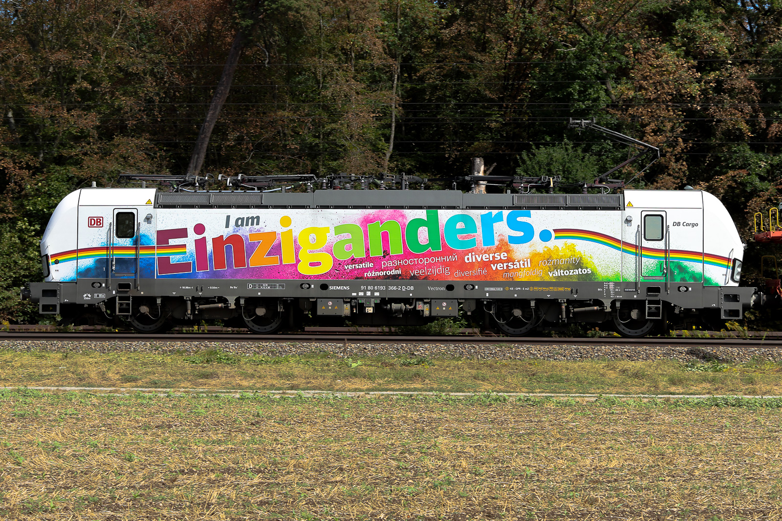 Einziganders bunt ist die 193 366 der DB Cargo. Breitseite am 19.08.26 bei Eglharting.