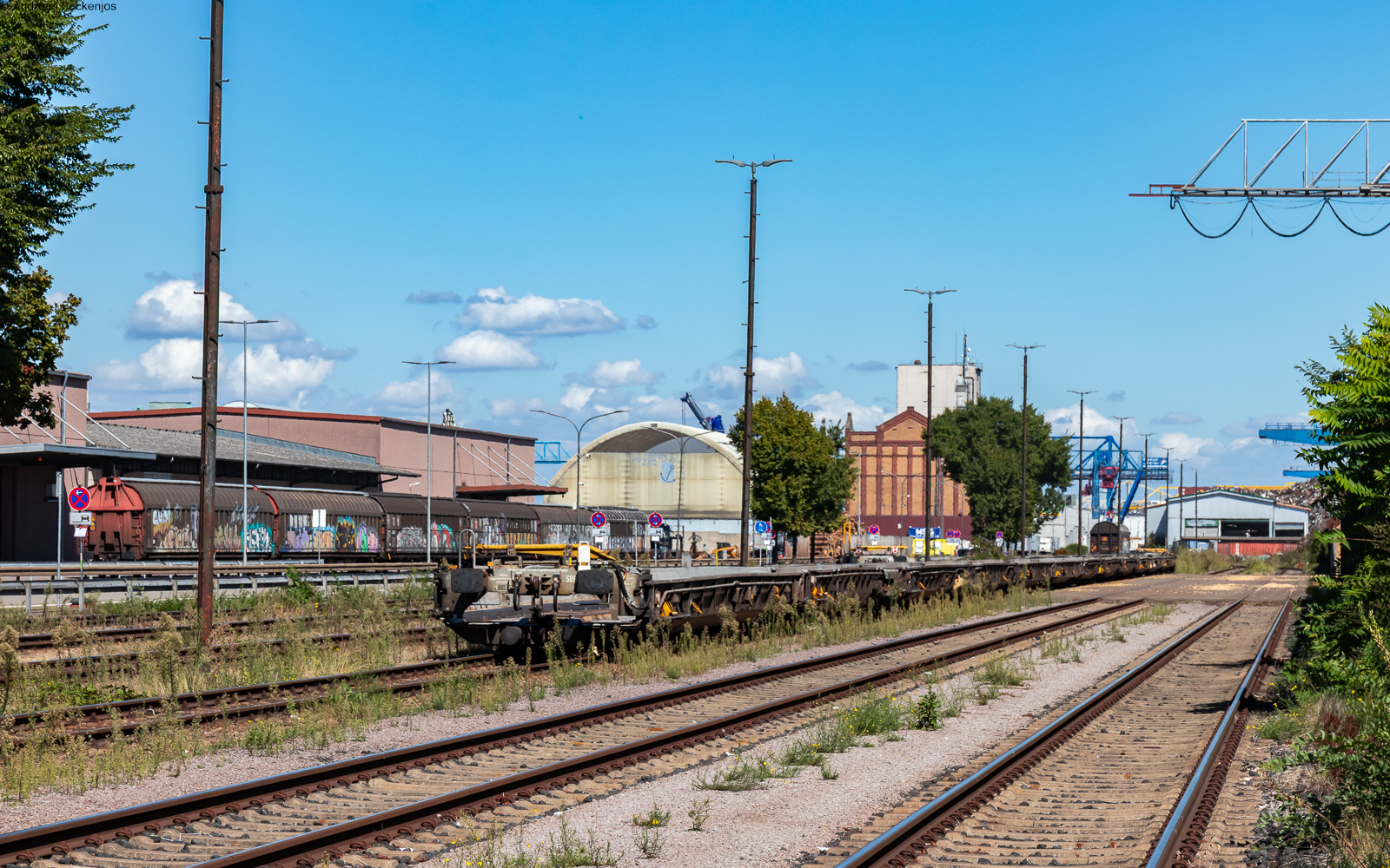 Endstation Kehler Hafen. Am 10.9.26 steht eine Reihe Railalpin RoLa Wagen im Hafen von Kehl abgestellt, sie warten auf ihre Verschrottung. Das Foto entstand vom nahegelegenen Bahn�bergang.