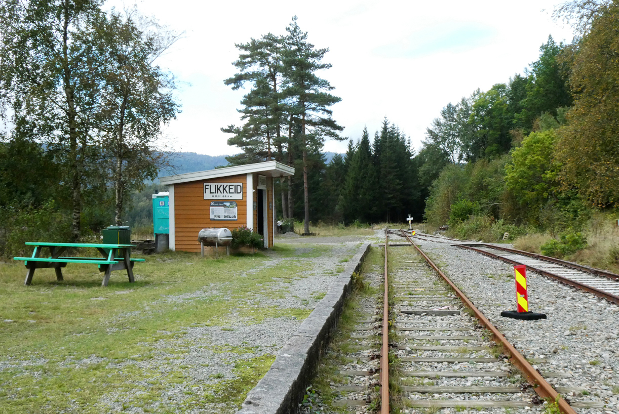 Flikkeid, 88 müNN: gemütliche 'Kreuzungsstation' in der Mitte zwischen Flekkefjord und Bakkekleivi. Benutzbar ist nur das Gleis am Bahnsteig. Falls man hier Pause machen will und mehrere Schienenvelos unterwegs sind, muss man sein Gefährt von Hand von den Schienen nehmen. Flikkeid, 9.9.2024