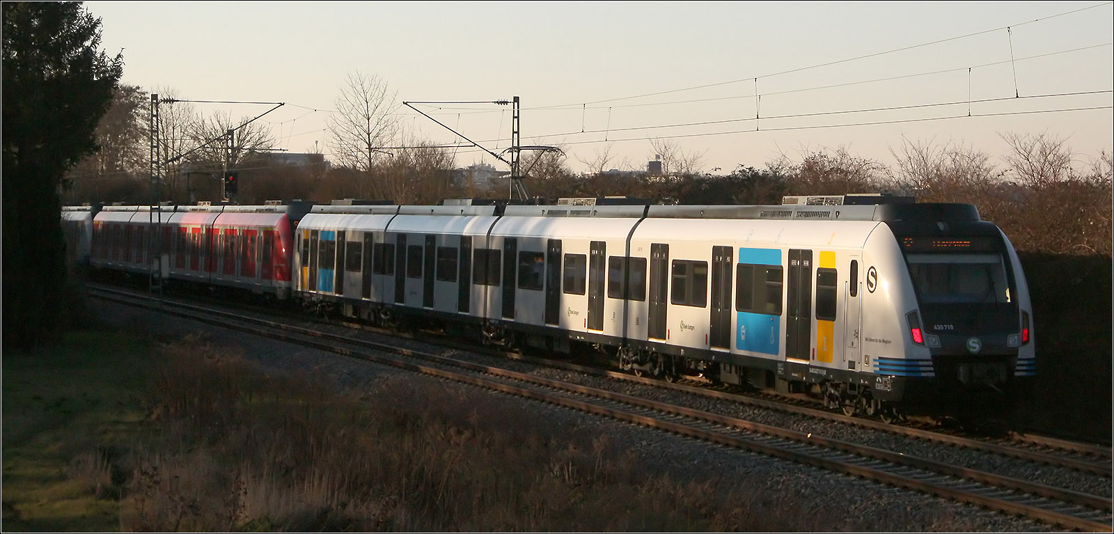 Freistellung - Episoden einer Zugbegegnung - 

Der Flirt-Triebwagen ist weg und die S-Bahn ist freigestellt der dem Licht - und Schattenspiel ausgesetzt.

Ein S-Bahnzug der Linie S2 begegnet einem Flirt-3 Triebzug auf der Remsbahn bei Weinstadt-Endersbach.

13.02.2023 (M)