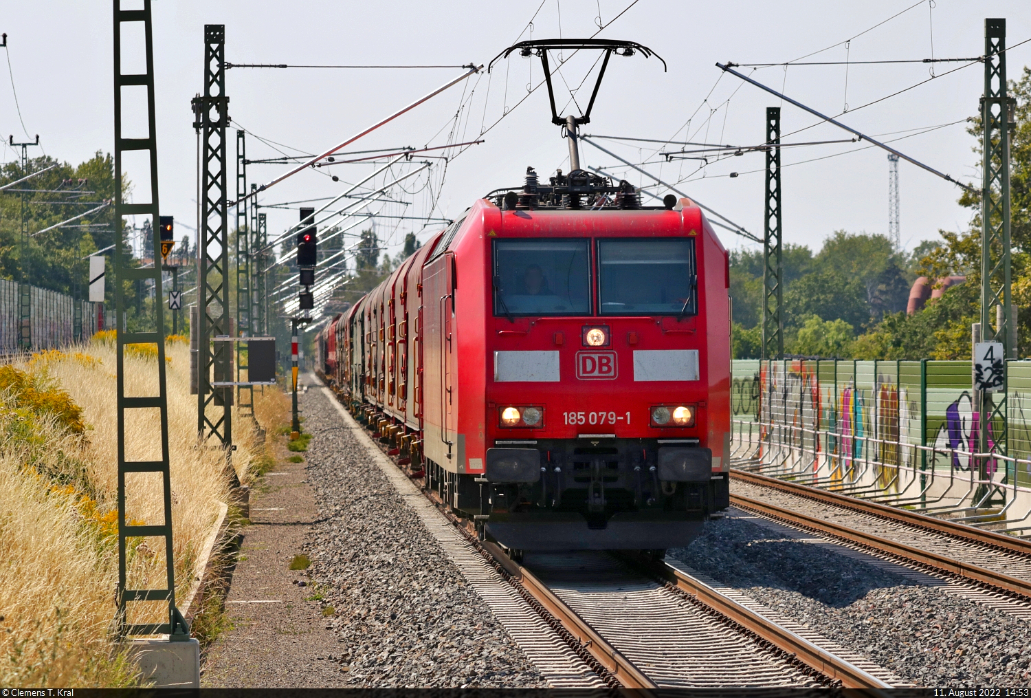 Gemischter Gz mit 185 079-1 rollt beim Hp Halle Rosengarten ihrem Ziel, der ZBA Halle (Saale), entgegen.
Fotografiert vom Ende des Bahnsteigs 1.

🧰 DB Cargo
🕓 11.8.2022 | 14:53 Uhr