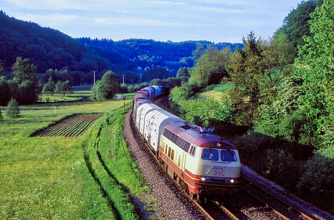 Im letzten Licht des 29.05.1996 rollt 218 217 bei Alfalter mit Zug 43178 auf Nürnberg zu.