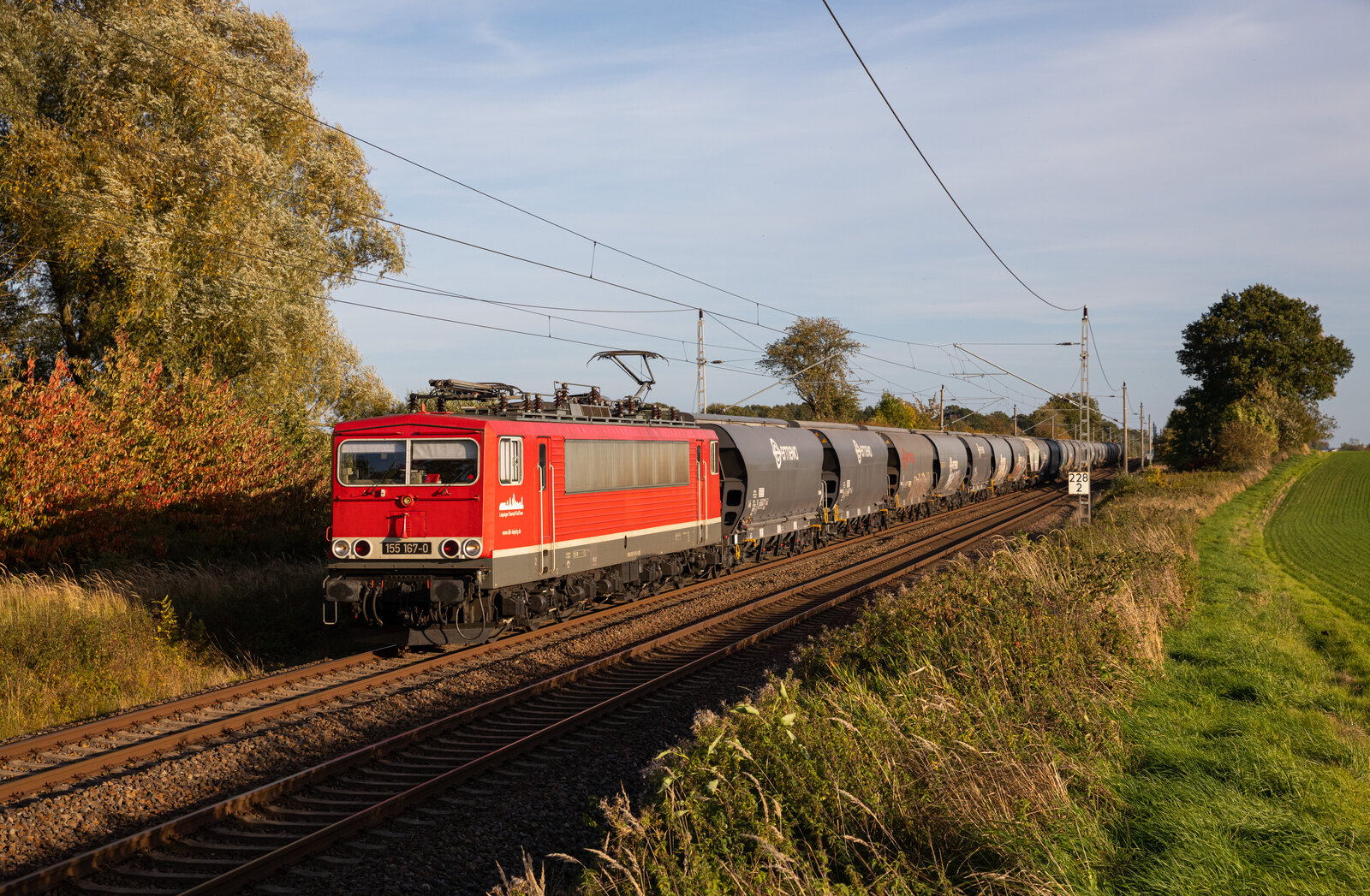 Im schönen Abendlicht des 07.10.2022 kam die LDK 155 167 mit einem Getreidezug von Bad Schandau nach Mukran durch Engelswacht gefahren.
