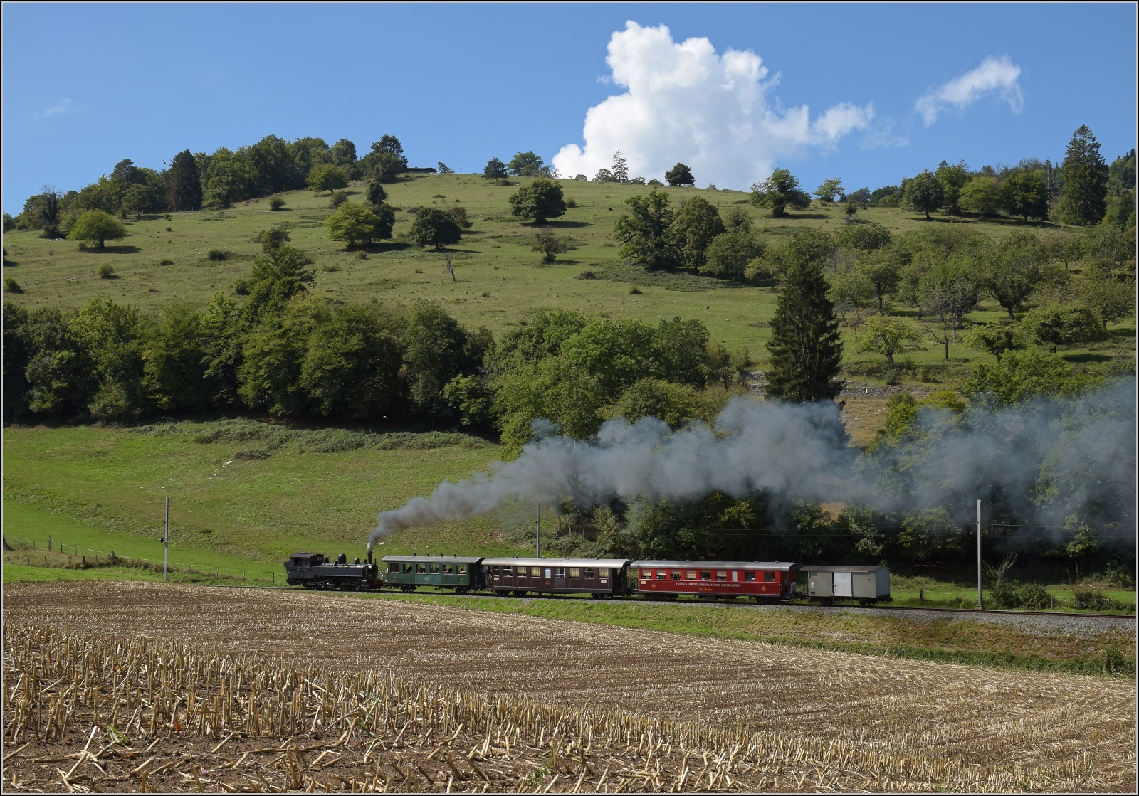 In weitem Bogen umfährt die Strecke auf die Freiberge den Ortskern von Glovelier. CP E164 von La Traction mit ihrem Museumszug muss mächtig eingeheizt werden für die folgenden 500 Höhenmeter. September 2022.

Sollte irgendetwas mit dem neuen Bildformat nicht passen, bitte an mich per PN, werde ich gesammelt weiterleiten. Auch wenn alles klappt oder die großen Bilder Anklang finden, bitte eine kurze Rückmeldung...