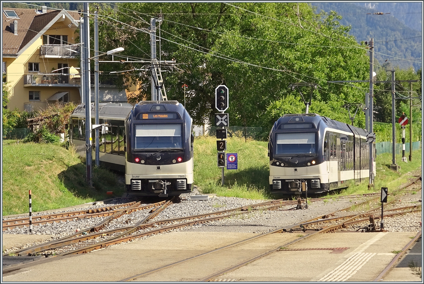 Mit etwas Zoom habe ich den CEV MVR ABeh 2/6 7503  Blonay-Chamby  als R35 1443 auf der Fahrt von Vevey nach Les Pl�iades fotografiert. Rechts im Bild ist der abgestellte ABeh 2/6 7508 zu sehen. Das Bild zeigt auch, dass der Zahnstangenabschnitt nun erst nach dem Weichenbereich beginnt, bzw. die Weichen und das Gleis 3 nun Zahnstangen frei sind. 

22. August 2026