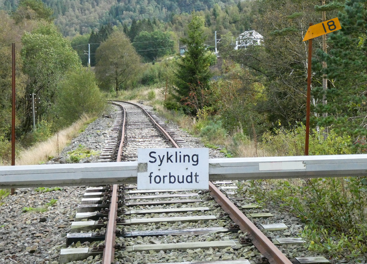 Obwohl die Fahrt mit der Draisine ab der Station Bakkekleivi im Gefälle von 18 Promille durchaus attraktiv wäre: 'Radfahren verboten'. Hinter der Kurve mündet das Gleis in den Bahnhof Sira an der Strecke Oslo - Stavanger. Sira, 9.9.2024