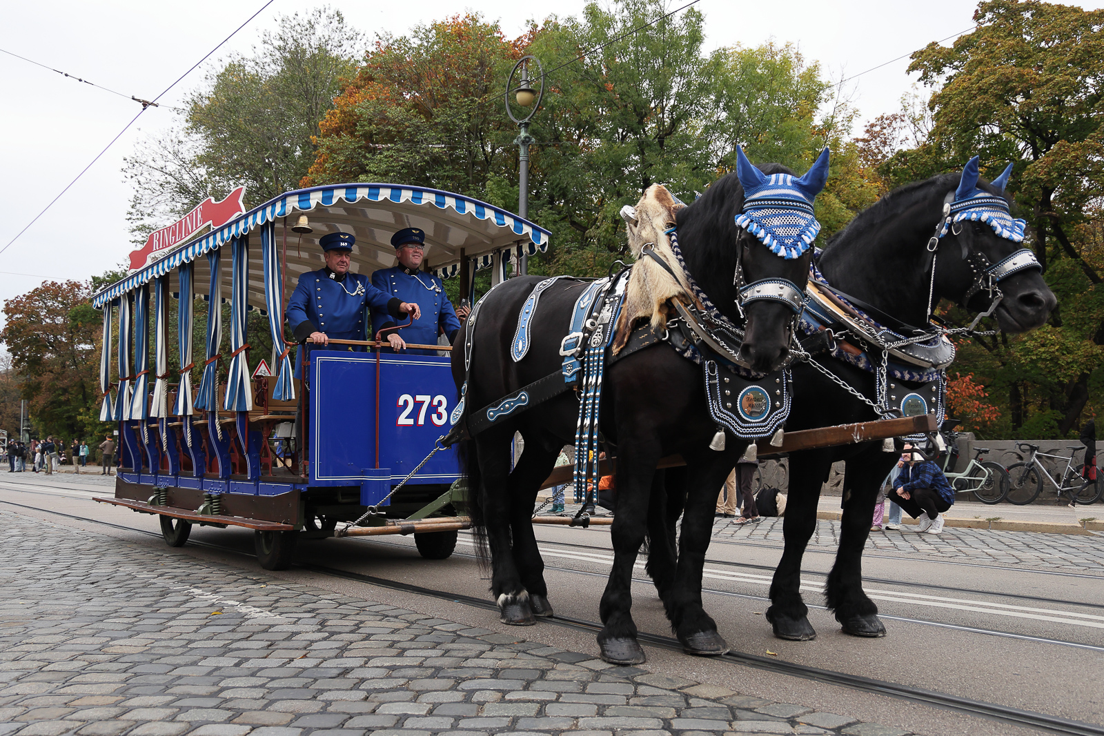 Pferdetram auf der Maximilansbrücke bei der Parade zum 150 Geburtstag der Münchener Straßenbahn. 
Beim genaueren Hinsehen stellt man fest, das es sich leider bloss um eine Kutsche handelt. Das wäre dann vielleicht doch zuviel gewesen für die Pferdl, den Wagen den Berg am Maximilianeum hochzuziehen.
Viele Wagen kamen an diesem Tag im Schritttempo an zahlreichen Besuchern vorbeigefahren und viele historische Wagen fuhren dann den ganzen Tag zwischen dem Report Einsteinstraße und Sendlinger Tor hin und her. Meist vollgestopft mit Fahrgästen habe ich mir eine Mitfahrt gespart. Trotzdem eine tolle Veranstaltung.
