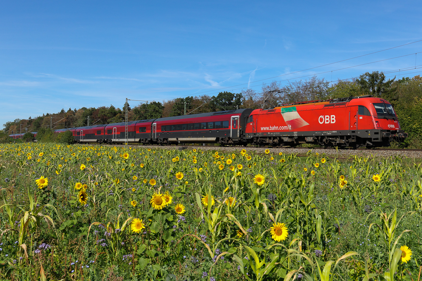 Railjet Zug, und es zieht die letzte noch verbleibende ÖBB Italien Lok 1216 015 am 27.09.26 bei Eglharting.
