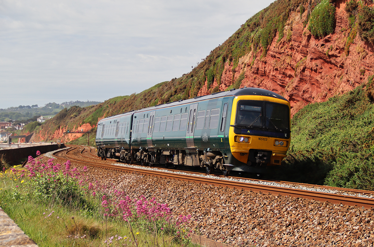 Regionalzug zwischen Blumen und roten Felsen unterwegs nach Exmouth. Dawlish Warren, 17.5.2022