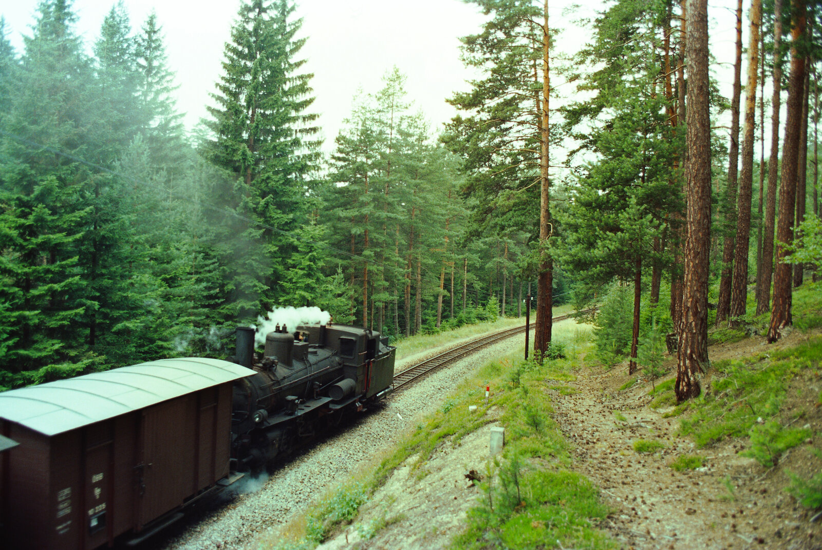 Regulärer Dampfzug der Waldviertelbahn, Ort leider unbekannt.
Datum: 20.08.1984