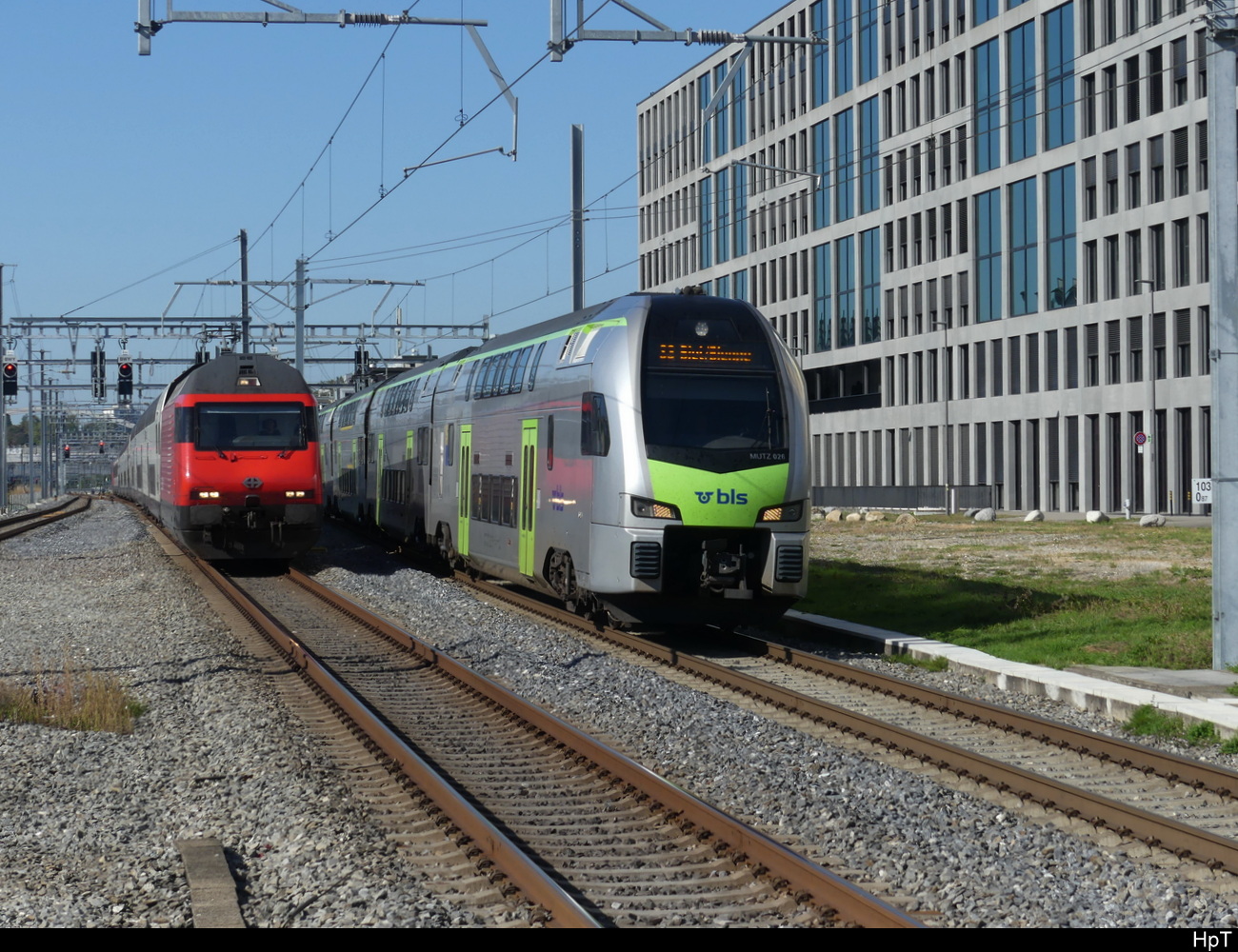 SBB / BLS - Unbekannte 460 mit IC und BLS RABe 515 026 als Regio bei der zufahrt zur Haltestelle Bern Wankdorf ( Wer ist Schneller ) am 29.09.2023