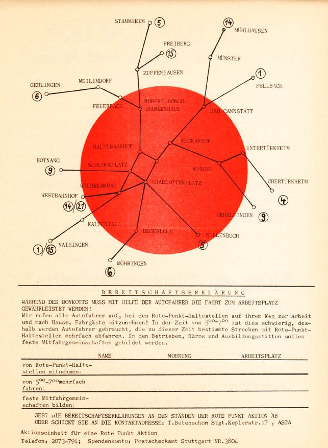 SSB Stuttgart__Streik im öffentlichen NV einmal andersherum: im Bild einer der zahlreichen  Roter-Punkt -Aufrufe.__08-01-1972