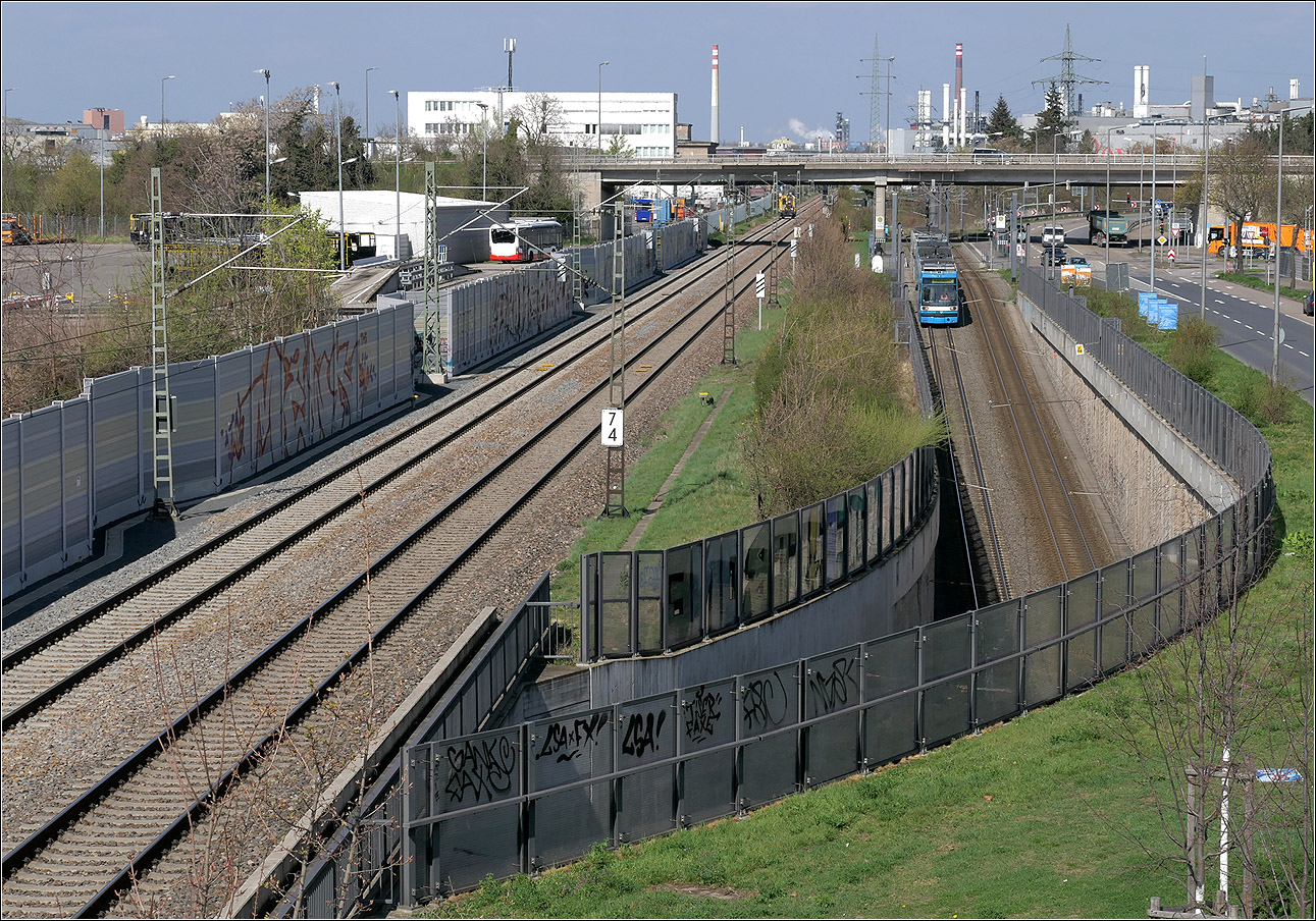 Unter der östlichen Riedbahn hindurch - 

... führt die Neubaustrecke nach Mannheim-Gartenstadt der Linie 4 und 4a. Der Blick von einer Fußgängerbrücke geht nach Norden entlang der Bahnstrecke und der parallel dazu gebauten Rampe für die Straßenbahn. Diese Unterquerung der Bahnstrecke war das aufwändigste Bauwerk der neuen Strecke.

27.03.2025 (M) 