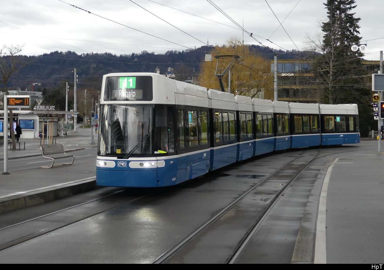 VBZ - Tram Be 6/8 4035 unterwegs auf der Linie 11 am 15.01.2023