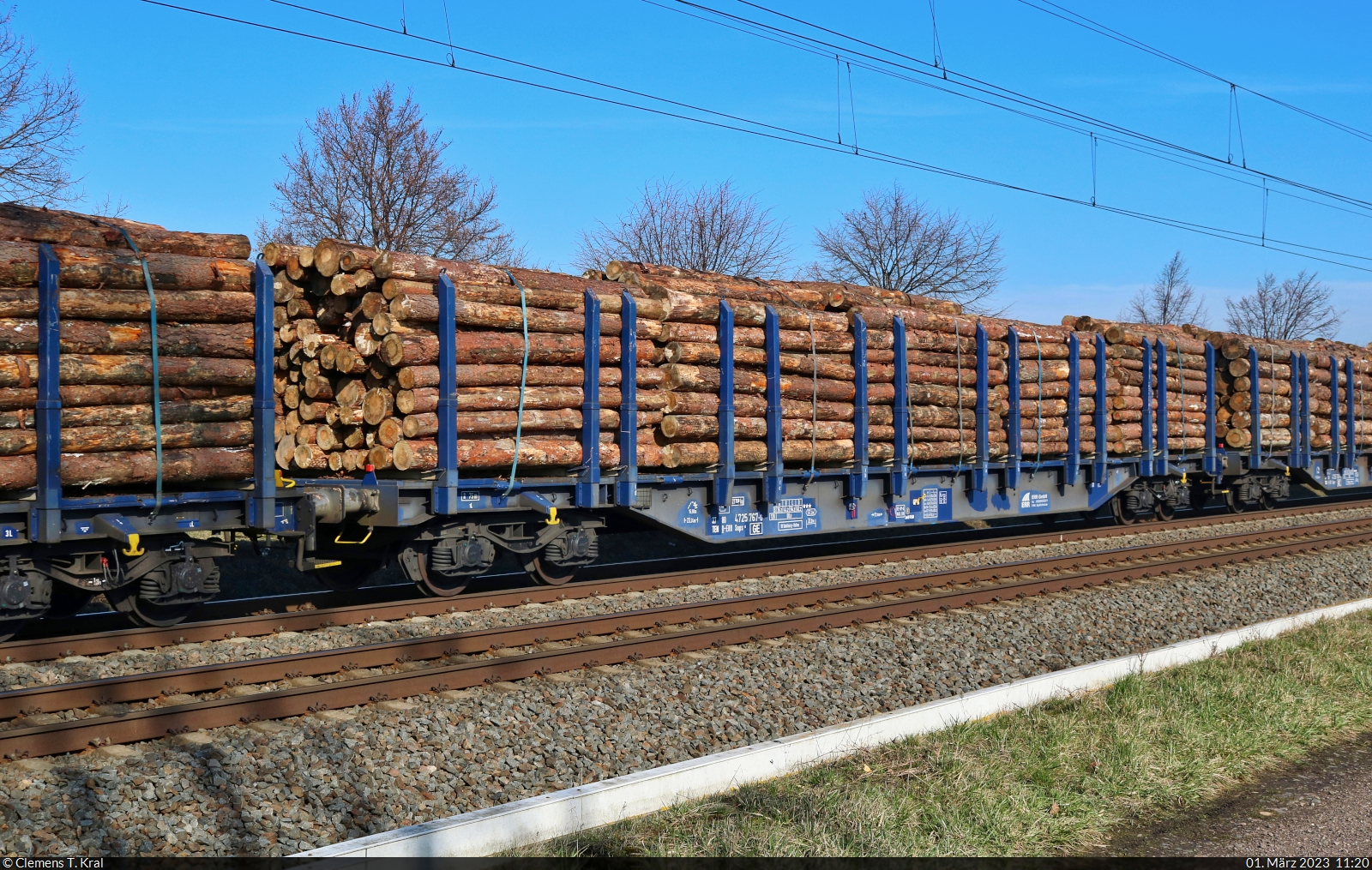 Vierachsiger Flachwagen für den Transport von Holzstämmen mit der Bezeichnung  Snps <sup>52</sup>  (37 80 4725 767-0 D-ERR), gezogen von 187 316-5 in Braschwitz Richtung Halle (Saale).

🧰 ERR European Rail Rent GmbH (ERR)
🕓 1.3.2023 | 11:20 Uhr