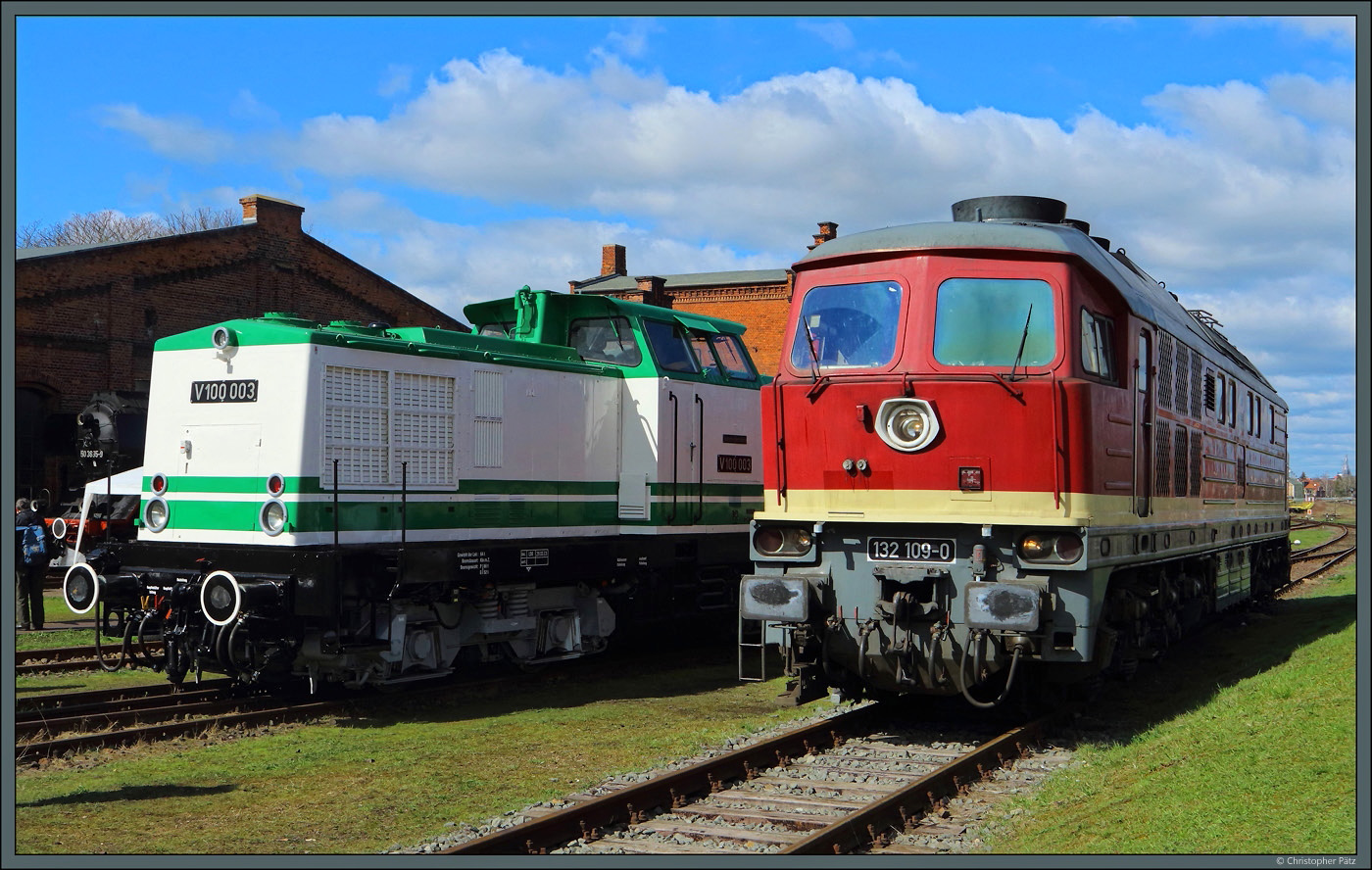Zwei Diesellokomotiven der ehemaligen DR stehen am 02.04.2023 nebeneinander im Bw Staßfurt: Links die frisch revisionierte V100 003 aus Lutherstadt Wittenberg, rechts die 132 109-0 der LEG.