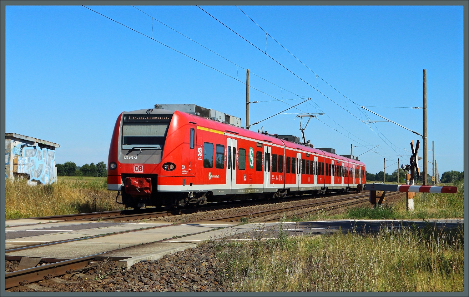 Zwischen Mahlwinkel und Angern-Rog�tz passiert 425 012-2 der DB Regio am 09.08.2026 eine Landstra�e, wo der letzte B� der Bauform HS-64b seinen Dienst versieht. 