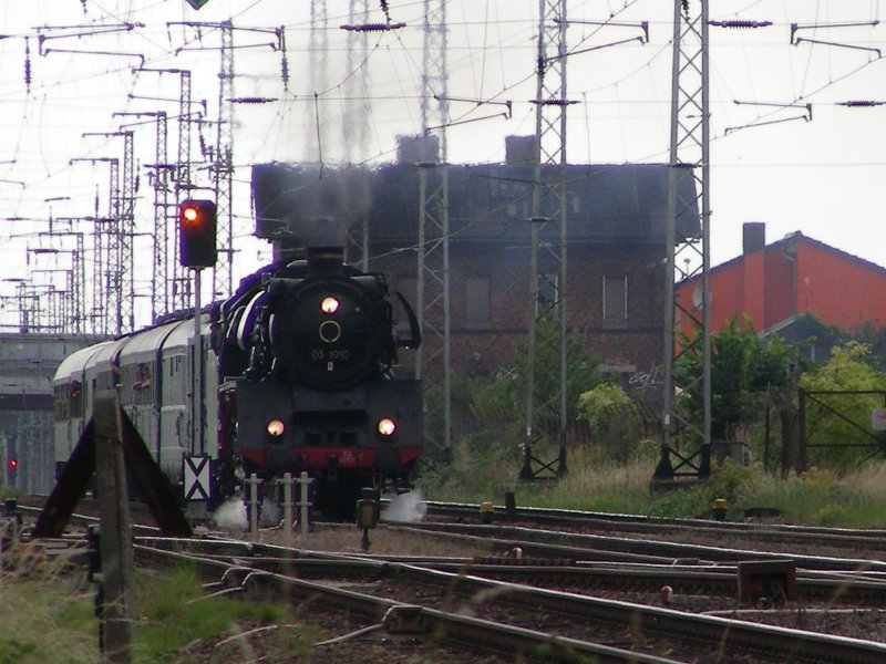 03 1010 am 02.08.2008 bei der Ausfahrt aus dem Bf Stralsund, hier am Abzg. Srg