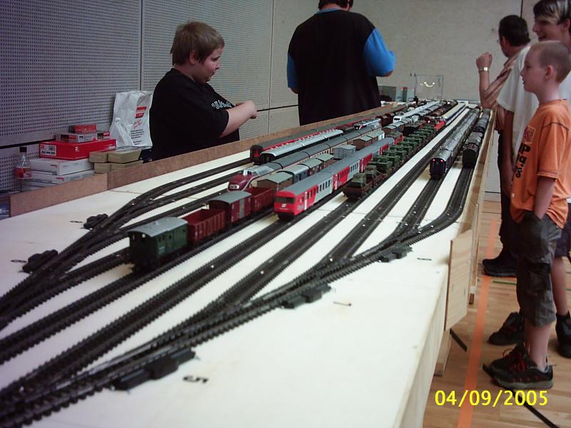 10 gleisiger Abstellbahnhof: (von links nach rechts) BB Inercity mit altlackierten Eurofimawagen und 1044 blutorange; Personenzug mit 1245 und  Desiro  5022 und Gterzug an Gleis 3; TEE und ICE; langer Gterzug mit  Krokodil ; 2043 mit Cityshuttle und  Adler  mit kurzem Personenzug und Gterzug; Militrzug mit Doppeltraktion 1020 und  Transalpin  4010 an Gleis 7; Personenzug; Gterzug

Dieses Bild entstand am 4.9.2005 in Vaduz