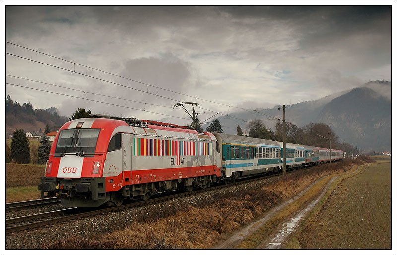 10 Minuten vor der Entstehung dieser Aufnahme schien die herrlichste Sonne. C'est la vie. OEC  151 Emona  von Wien Sdbahnhof nach Ljubljana (Laibach), am 18.1.2008, aufgenommen zwischen Peggau-Deutschfeistritz und Stbing.