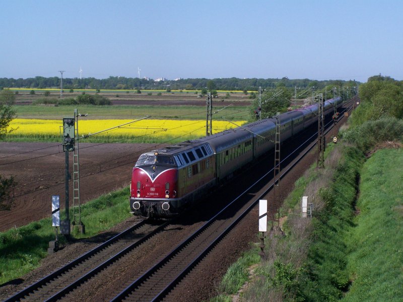 10.05.08 V200 116 ist mit einem Soderzug auf dem Weg nach Hamburg und hat grade km 260 bei Sagehorn passiert.