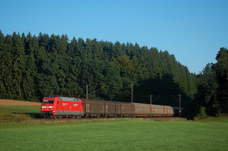 101 059 bringt am Morgen des 13.08.08 einen Nahgterzug nach Ulm, aufgenommen an der Filsbahn (KBS 750) nahe Beimerstetten.