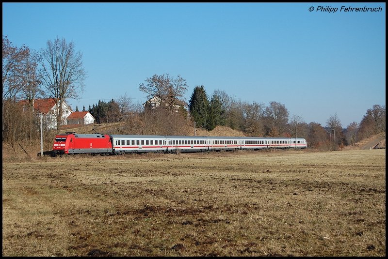 101 065-1 zieht zur Vormittagszeit des 16.02.08 IC 2160 von Nrnberg Hbf nach Karlsruhe Hbf, aufgenommen bei Rainau-Buch an der oberen Jagsttalbahn (KBS 786).