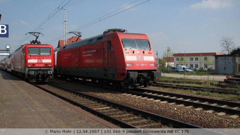 101 066-9 mit EC175 und 114 031-8 mit RE3 nach Stralsund treffen sich in Elsterwerda
