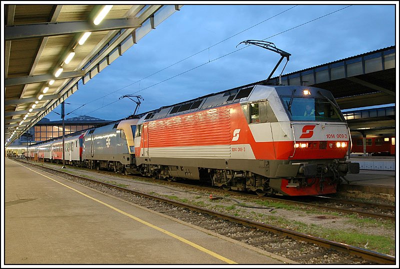 1014 009 und MAV 1047 001 waren am 6.1.2007 vor dem ER 9437  Raab  von Wien nach Tatabanya (HU) vorgespannt. Da 1014 009 erst kurz vor Abfahrt auf diesen Zug kam, nehme ich an, dass er im Normalfall nur von einer MAV 1047 bespannt wird.