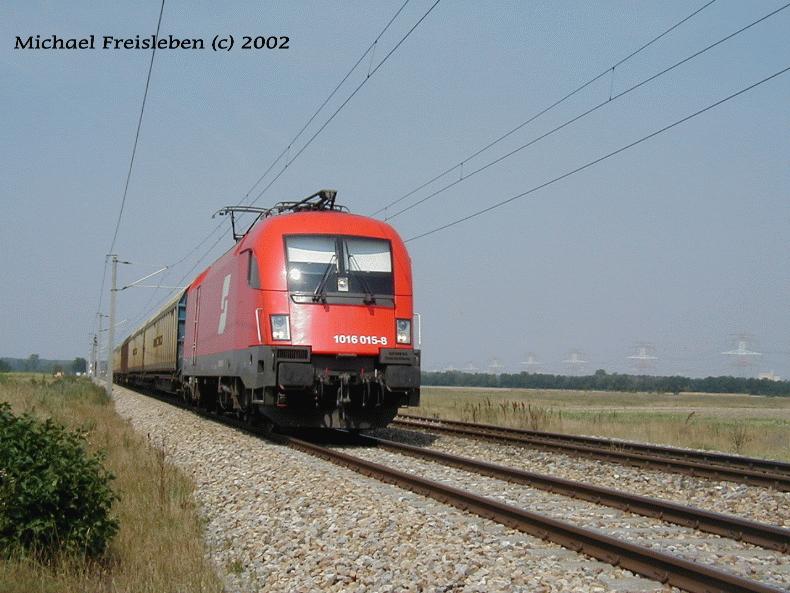 1014 015-8 vor einem Gterzug zwischen Gramat Neusiedel und Gtzendorf am 30.Juli2002