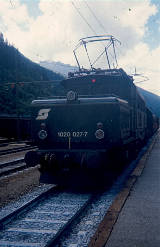 1027.027-7 (ehem. DRG E 94). Diese Lok war eigentlich die Traditionslok der BB fr diese Baureihe. Auch die Fa. Roco hatte davon ein wunderschnes Modell. Leider ist sie meines Wissens ausgebrannt und musste durch eine andere Lok  ersetzt  werden. Ort und Zeitpunkt der Aufnahme sind mir leider nicht mehr bekannt. Wurde aus dem fahrenden Zug fotografiert. Aber die Maschine bespannte einen Feuerlschzug.