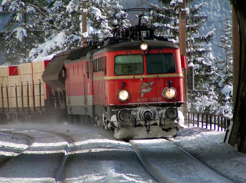 1042 513 leistet am 5.2.2005 einem G�terzug Vorspann (hier beim Krauseltunnel kurz nach Breitenstein Richtung M�rzzuschlag)