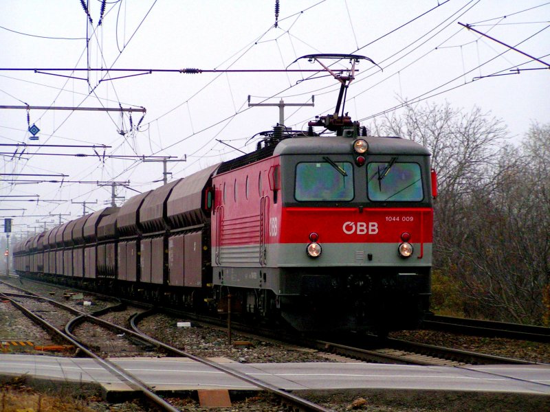 1044 009 ist mit einem  Selbstentladewagen-Zug  bei Bruck/Leitha unterwegs (Ein Dankeschn dem Tfzf. weil er bei dem nebeligen Wetter  abgeblendet  hat);081112