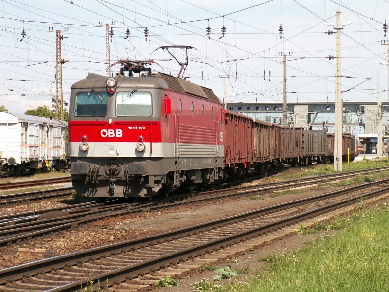 1044 109 hat mit einem Gterzug gerade Wels Hbf durchfahren und biegt auf den Passauer Ast ab (18.8.2007)