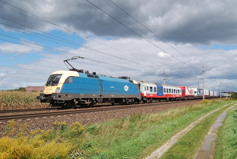 1047 008 hat am 05.09.2009 mit einem Rola
den Endbahnhof Wels schon fast erreicht.
Das Bild entstand in Oftering.