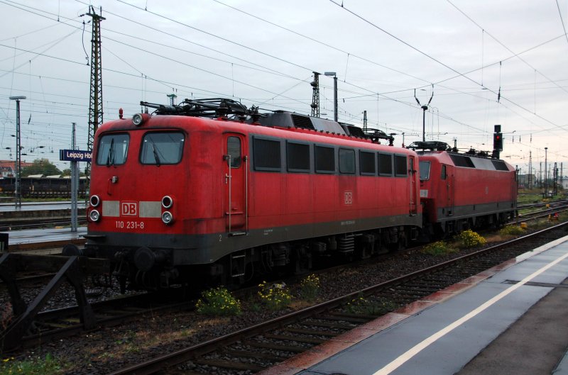 110 231 steht am Morgen des 10.10.09 in Leipzig Hbf abgestellt.