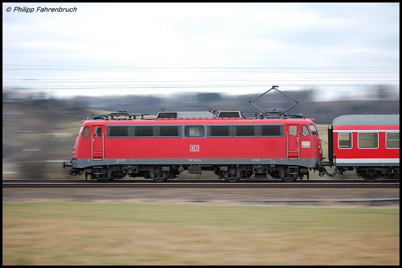 110 503-0 zieht am 26.02.08 RB 37164 von Donauwrth nach Aalen, aufgenommen bei Aalen-Hofen.