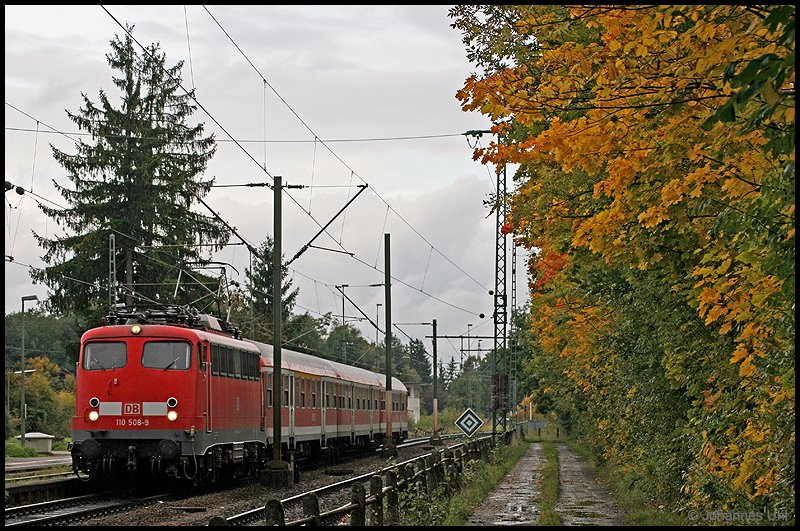 110 508-9 erreichte am Nachmittag des 3.10.2008 mit ihrer RB von Donauwrth nach Aalen den herbstlichen Bahnhof Goldshfe.
