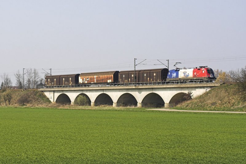 1116 003 mit der Frankreich-Beklebung auf dem Snchinger Eisenbahnviadukt.
