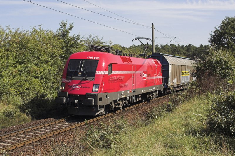 1116 003 im neuen Gewand wirbt fr die Rail Cargo Austria. Hier ist er kurz vor der Durchfahrt von Gundelshausen zu sehen.