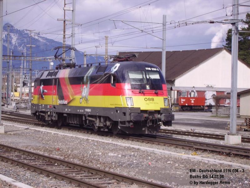 1116 036-3  EM-Deutschland  brachte den 46678 aus Jesenice nach Buchs SG und fhrt spter mit dem 45713 nach Hall in Tirol zurck.
14.03.08