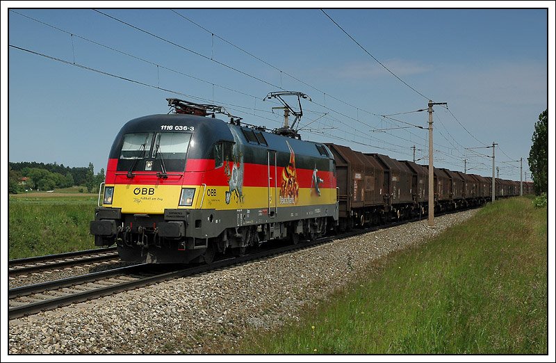 1116 036  Deutschland  mit dem Bedarfszug 48180 am 25.5.2008 in Neunkirchen aufgenommen.