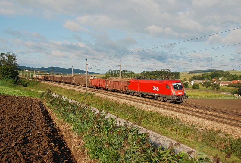 1116 048 befrdert einen kurzen Gterzug in Richtung Wien. Neulengbach, am 05.09.2009.