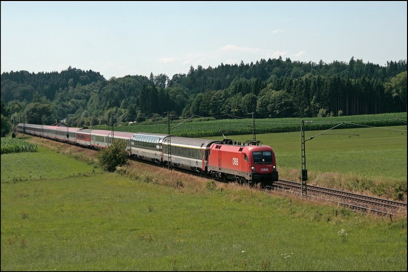 1116 053 bringt den laaangen EC 162  TRANSALPIN , Basel SBB - Wien Westbahnhof, bei Bad Endorf in Richtung Salzburg. Der  Starzug  bestand an diesem Tag aus 1x1.Klasse SBB, 1x1.Klasse Panoramawagen, 2x1.Klasse BB Wagen, 1xSpeisewagen der SBB, 4x2.Klasse Wagen der BB und 5x2.Klasse Wagen der SBB. Insgesamt hatte die Lok 14 Wagen am Haken. (11.07.2008)