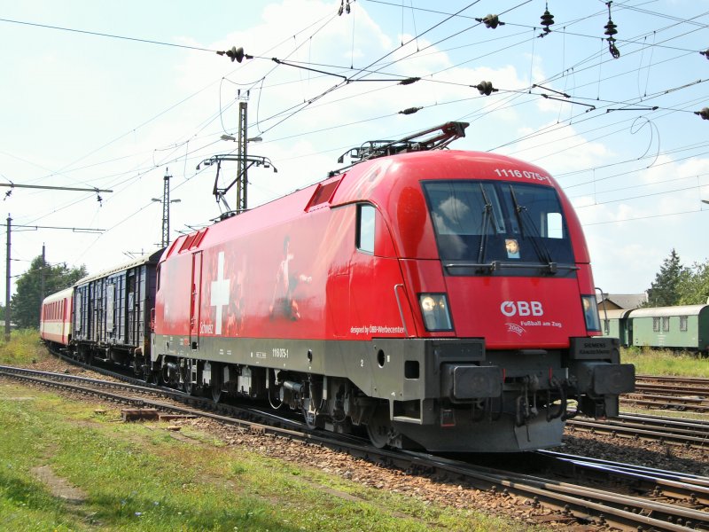 1116 075 EM-Schweiz hat am 04.08.2007 mit dem EZ 5921  Donau  aus Passau den Welser Bahnhof erreicht.Eigentlich sollte die 1044 020 vorne angehngt sein, die lief jedoch am Zugende kalt mit.Da der Zug ca.30 min.Versptung hatte und die Ursprungsmaschine in Linz gegen die 1044 025 getauscht wurde,liegt die Vermutung nahe, das da eine Maschine untauglich geworden ist.  