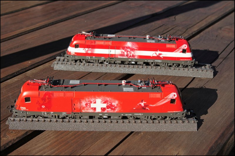 1116 075 (SCHWEIZ) und 1116 005 (�STERREICH) sonnen sich am Abend des 09.06.2008 auf dem Holztisch. 