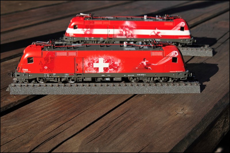 1116 075 (SCHWEIZ) und 1116 005 (�STERREICH) sonnen sich am Abend des 09.06.2008 auf dem Holztisch. 