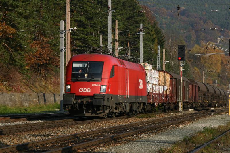 1116 089-2 mit einem Gterzug im Bahnhof Payerbach-Reichenau. (1.11.2005)